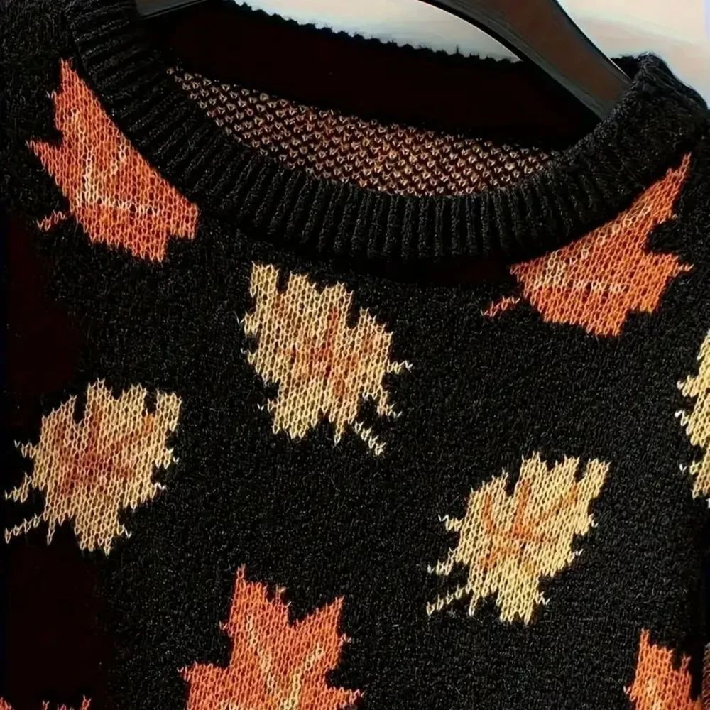 Oversized Autumn Leaves Design Pullover Knit Sweater Sz 20 - Picture 2 of 2